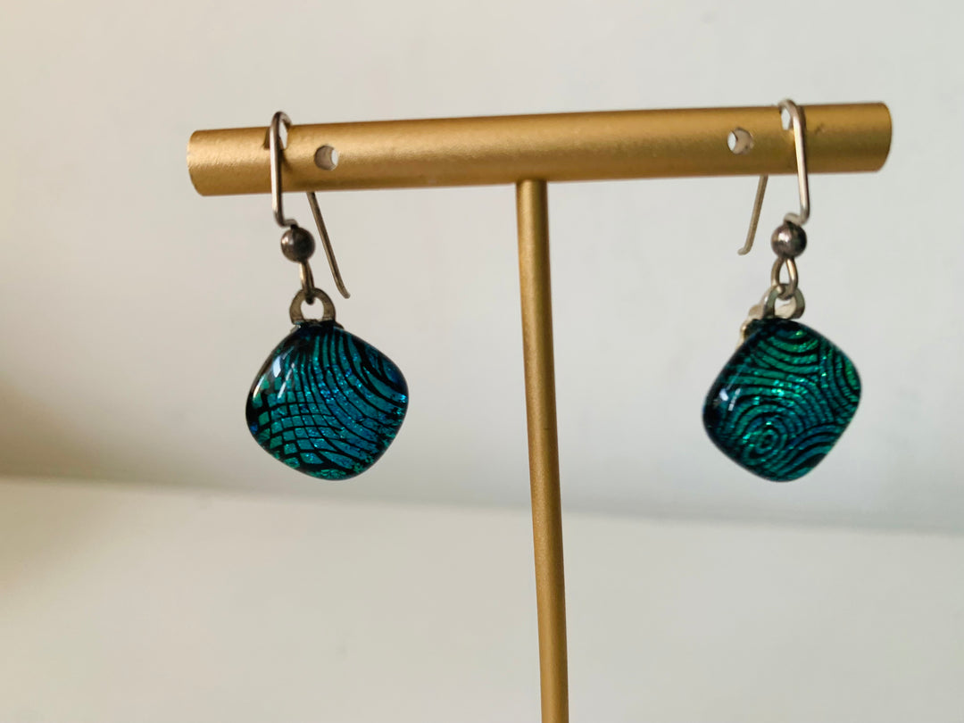 Blue and Green Handmade Glass Fishhook Pierced Earrings