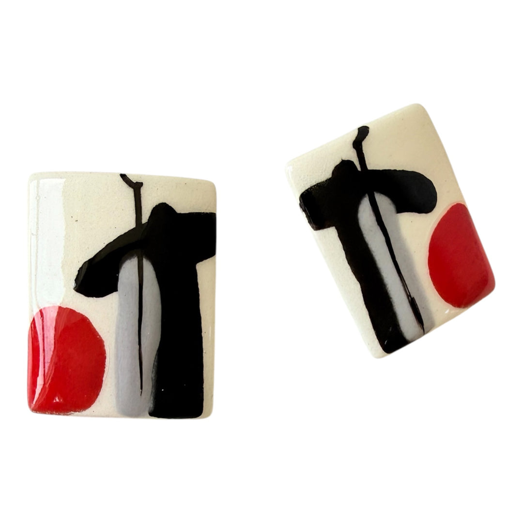 Vintage Modern Abstract Hand Painted Signed Pierced Earrings