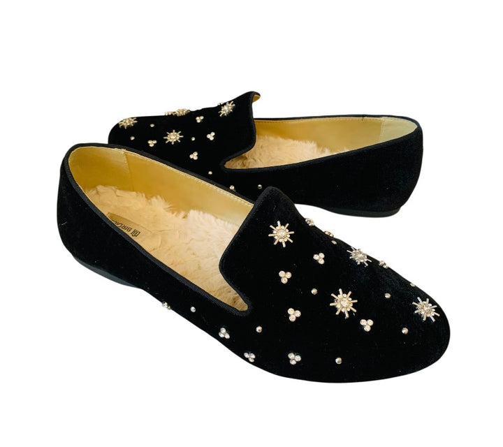 Birdies Black Starling Rhinestone Velvet Slip On Flats Size 10