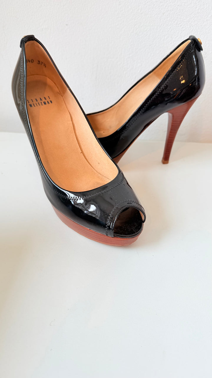 Stuart Weitzman Black Patent Analine Platform Pump Peep Toe Pumps Size 37.5
