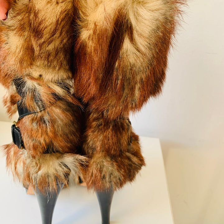 UGG Foxly Fur Leather Shearling Heeled Boots Size 6.5 In Brown Fur With Black Leather