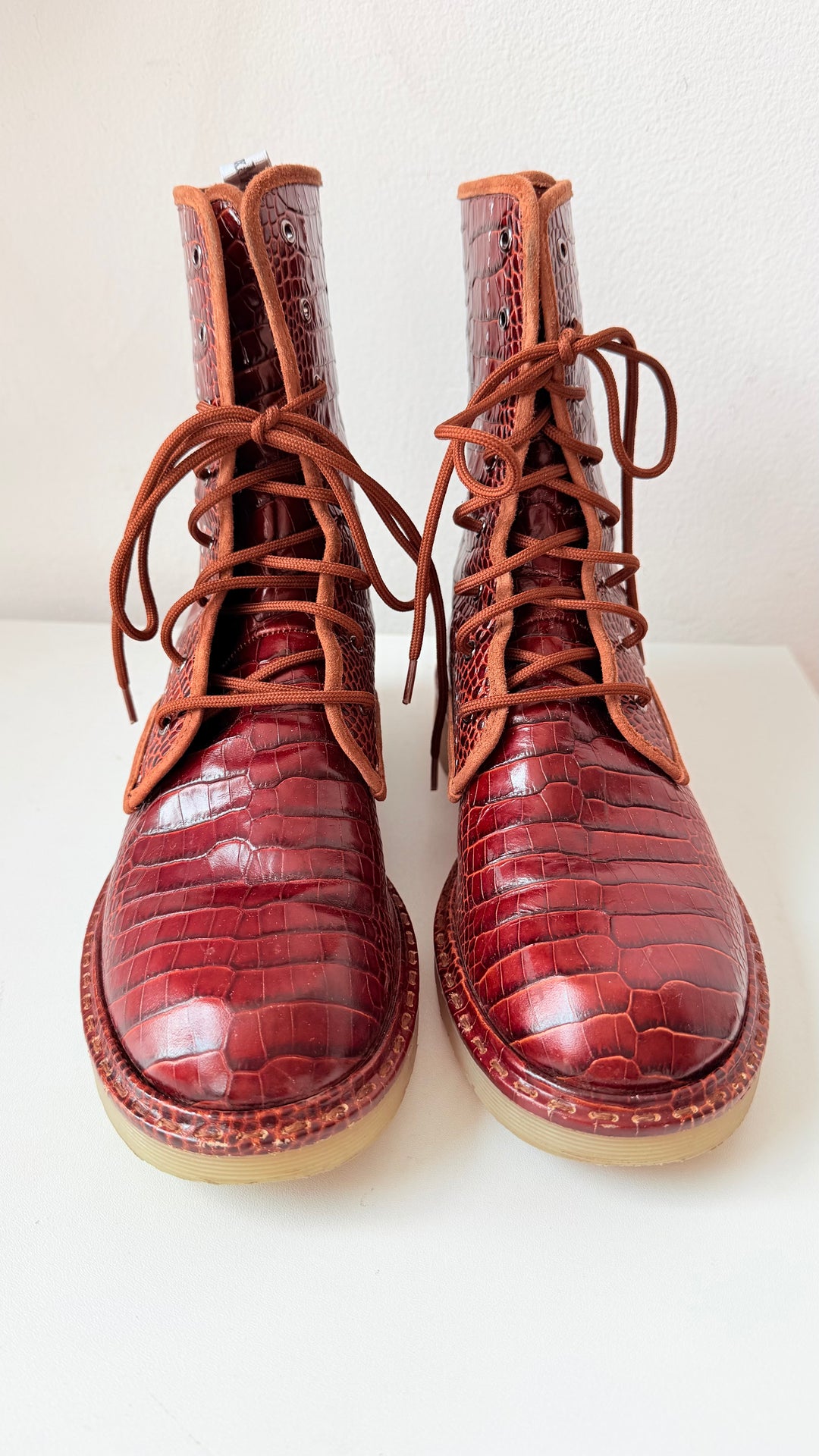 Max Mara Crocodile Print Leather Combat Boots Size 38
