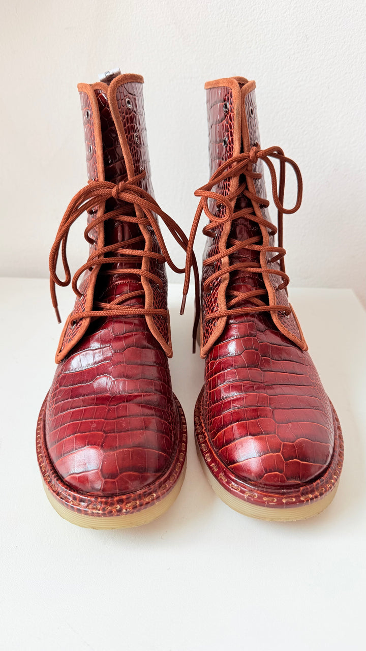 Max Mara Crocodile Print Leather Combat Boots Size 38