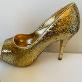 Audrey Brooke Gold Glitter Platform Peep Toe Pump Size 8