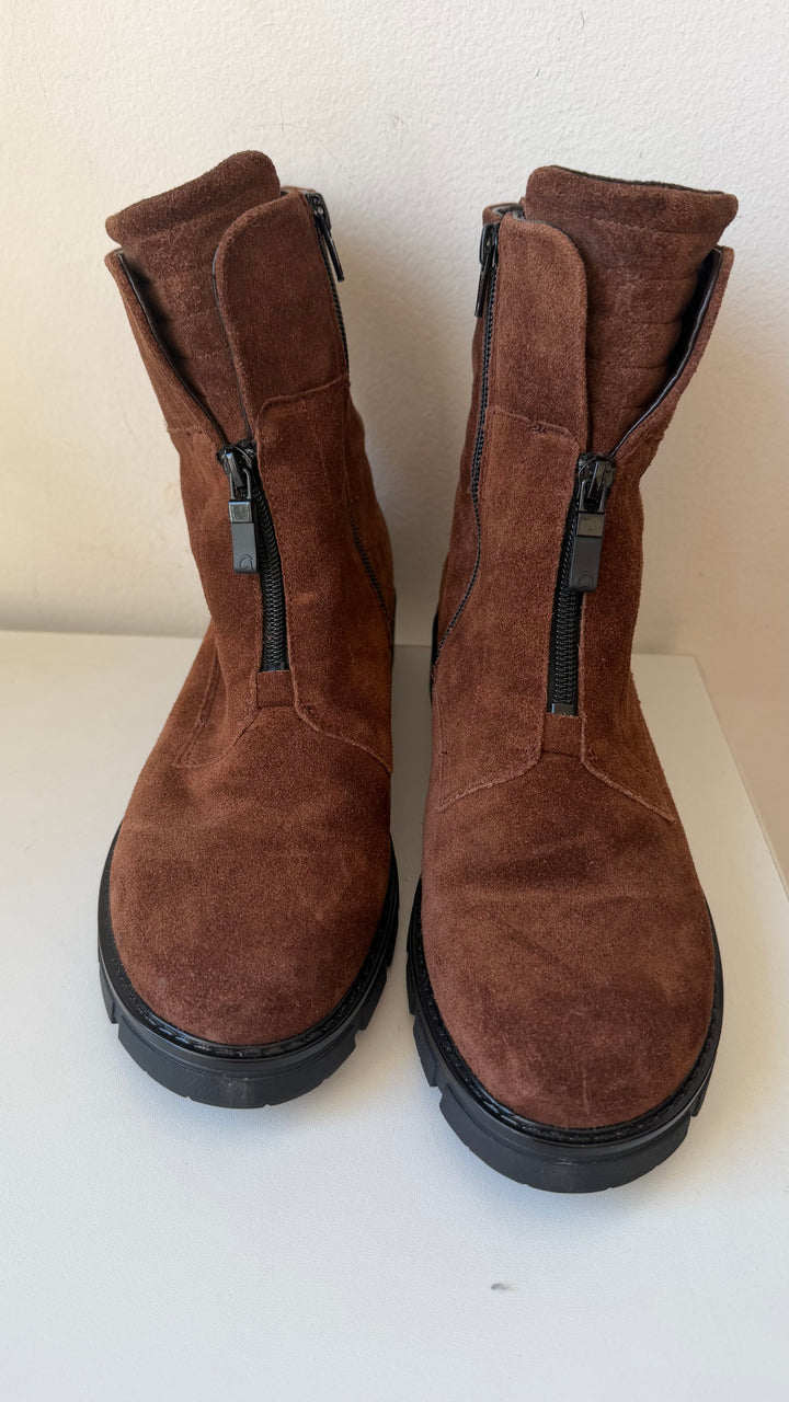 Ara Deon Mocha Suede Leather Dover Zip Combat Ankle Bootie High Soft Uk Size 6.5 (US size 8.5-9)