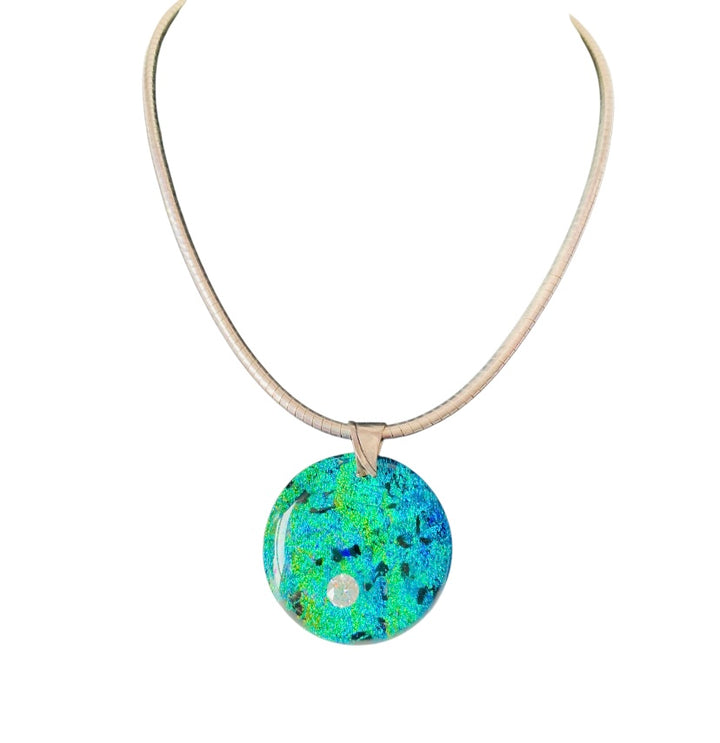 Sterling Silver and Glass Blown Blue Green Pendent Necklace Handmade