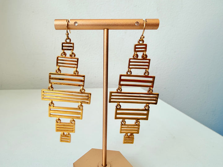 Gold Tone Geometric Ladder Layered Pierced Earrings
