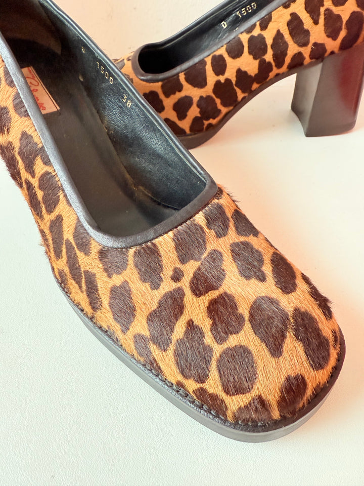 Vintage Calypso Calf Hair Leopard Print Block Heel Pumps Size 38