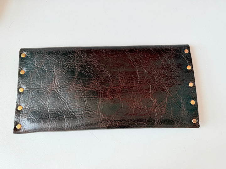 Moss Mills Dark Brown Textured Leather Clutch With Gold Chain Detail