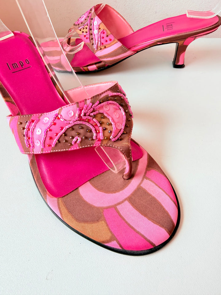 Vintage Impo Pink & Brown Sequin Thong Heeled Sandals Size 8.5