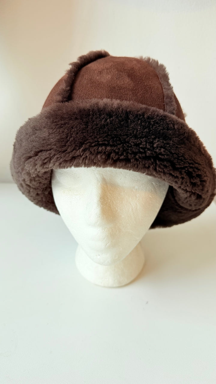 UGG Bucket Brown Shearling Sheepskin Upflap Hat One Size