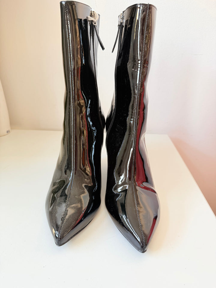 Black Suede Studio Lauren Pointed Toe Wedge Patent Booties Size 40.5 (USA 10)