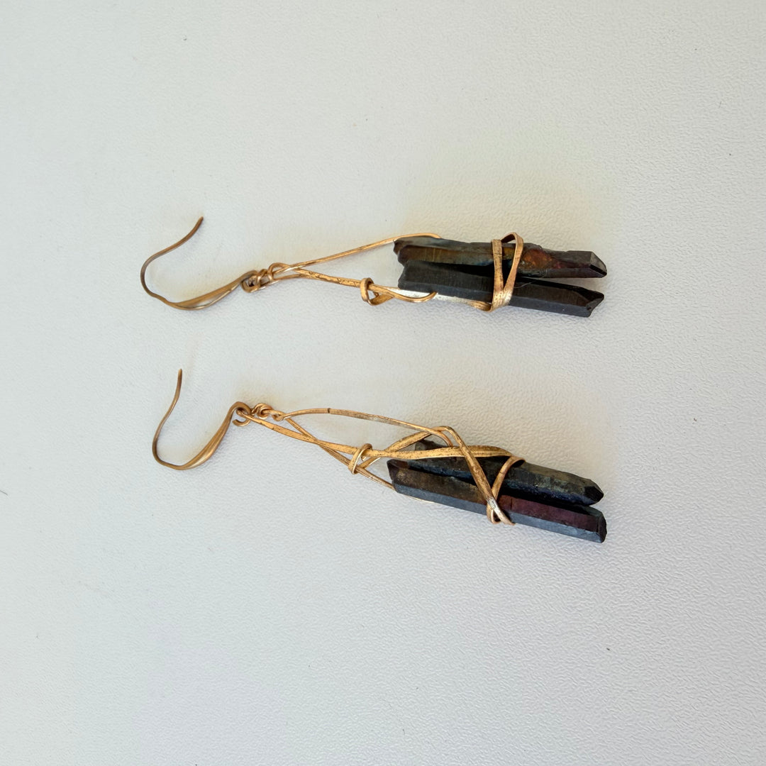 Handmade Gold & Rock Stone Drop Pierced Earrings