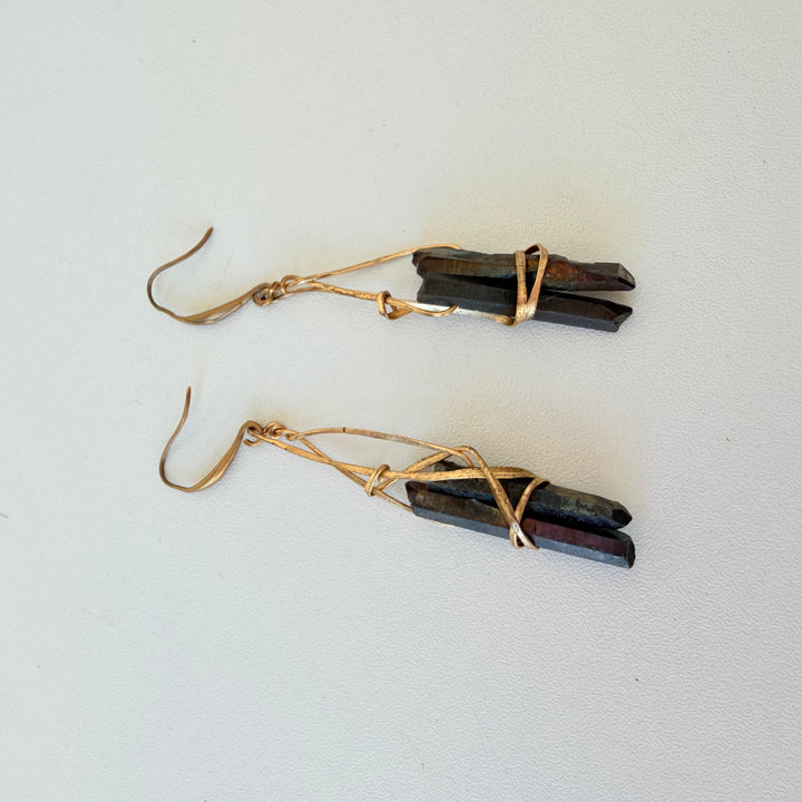 Handmade Gold & Rock Stone Drop Pierced Earrings