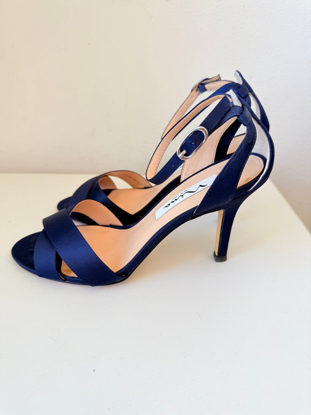 Nina Venus New Navy Satin Luster High Heel Ankle Strap Sandals Size 7M Women’s