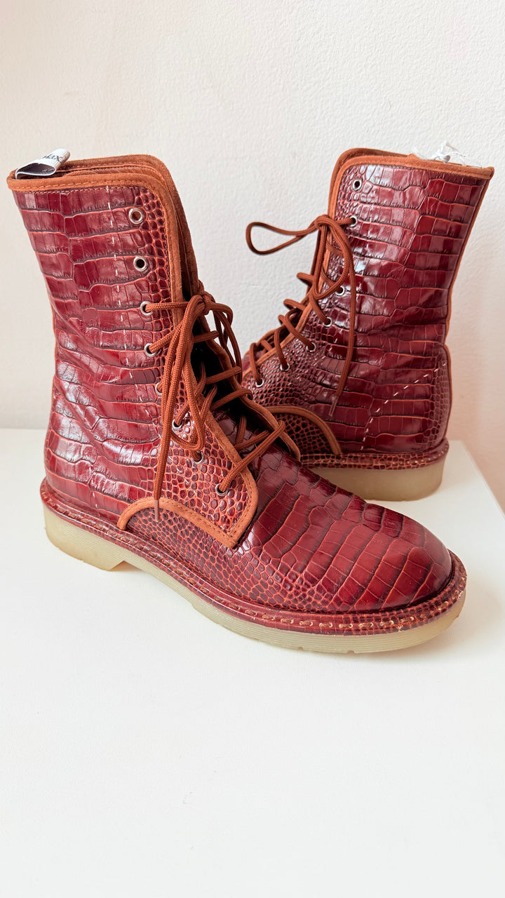 Max Mara Crocodile Print Leather Combat Boots Size 38