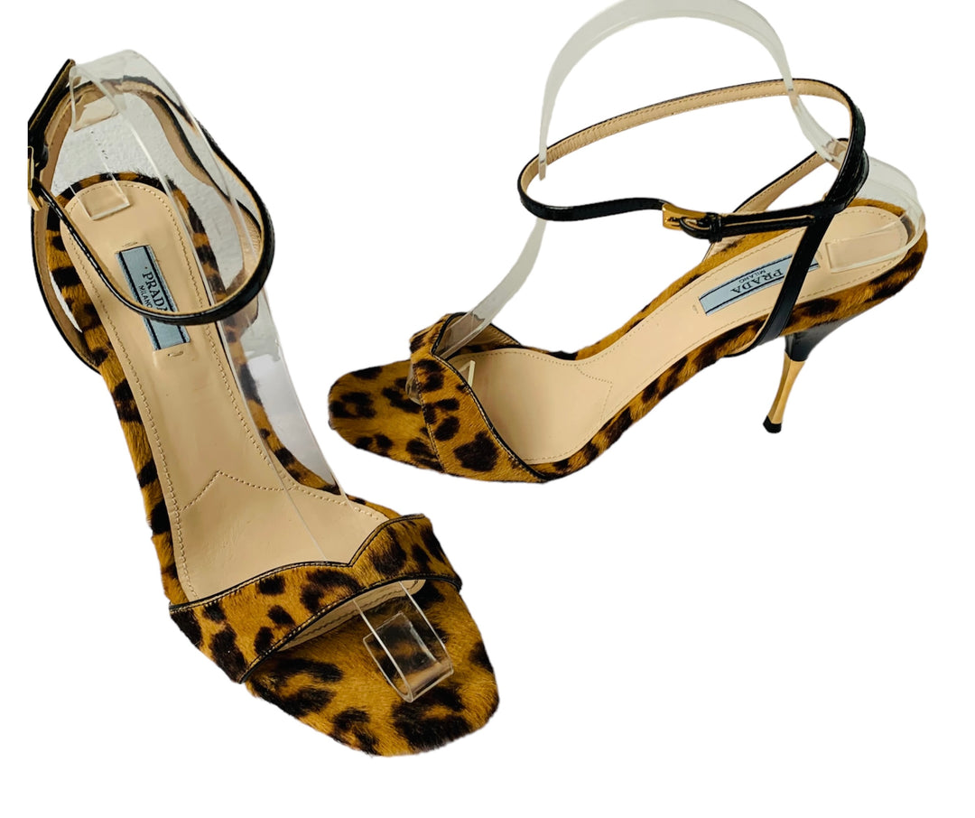 Prada Pony Hair Animal Print Strappy Peep Toe Sandal/Heels Size 40