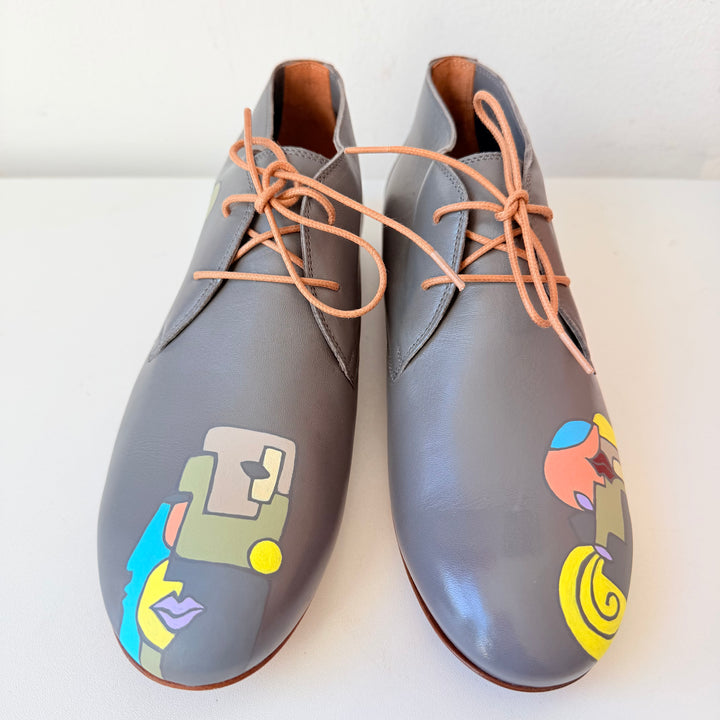 Reggio Calabria Handmade Chukka Grey Painted Lace Up Shoes by Nafaria Moda Size 38, New