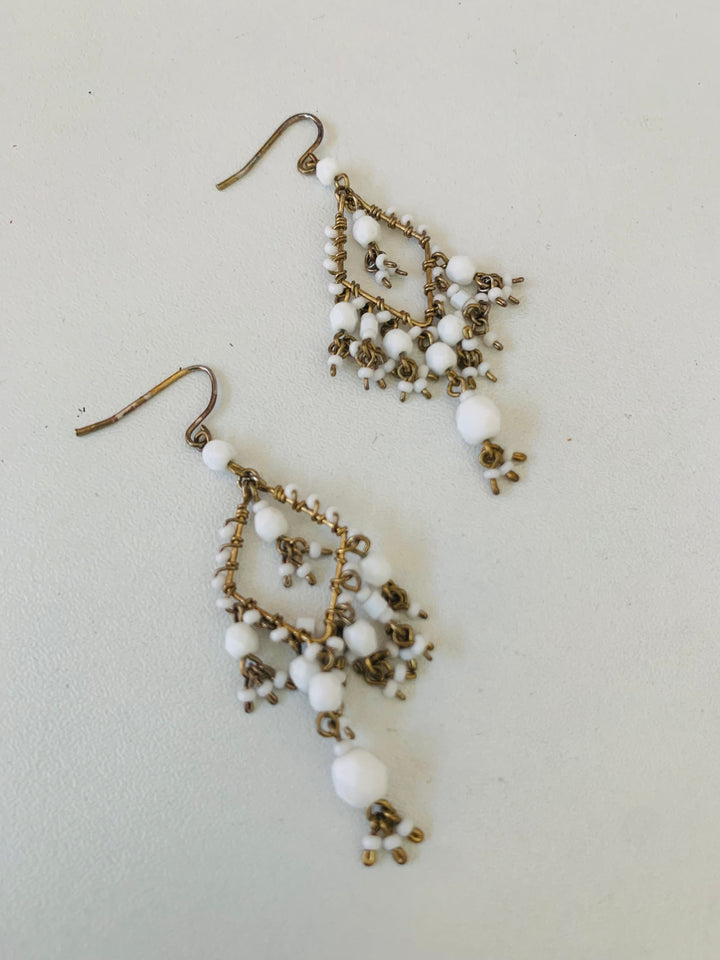 Dangling White Beaded Pierced Chandalier Earrings