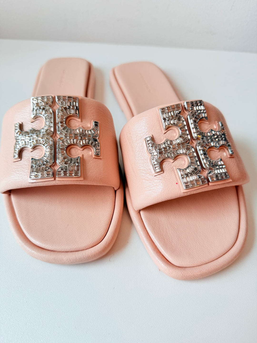 Tory Burch Double T Deco Rhinesone Sport Slides in Pink Goat Leather Size 8.5