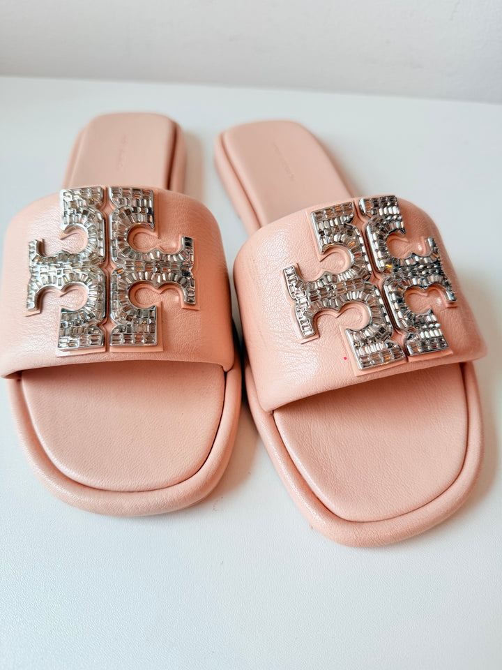 Tory Burch Double T Deco Rhinesone Sport Slides in Pink Goat Leather Size 8.5