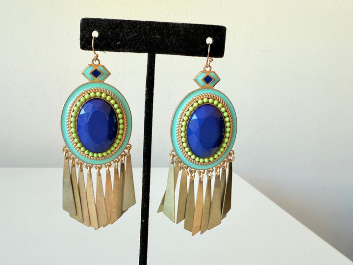 Bansri Blue & Green Stone and Enamel Pierced Statement Earrings New