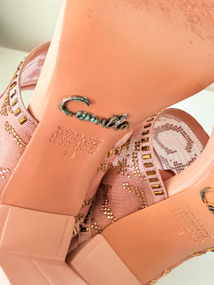 Camilla Alexia Embellished Slim Block Heel Mules In Nude/Pink Size 38