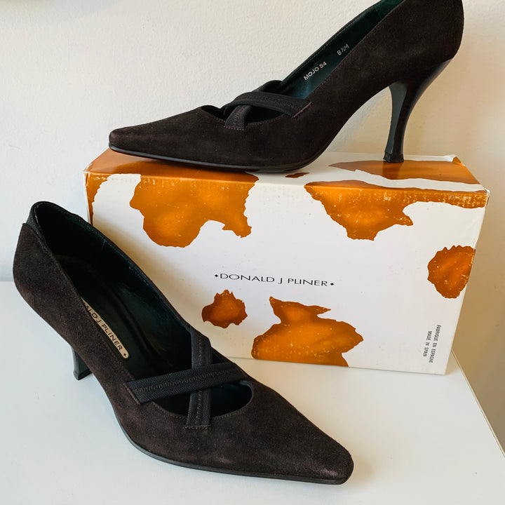 Donald Pliner Mojo Brown Suede Pumps With Elastic Cross Straps Size 8.5
