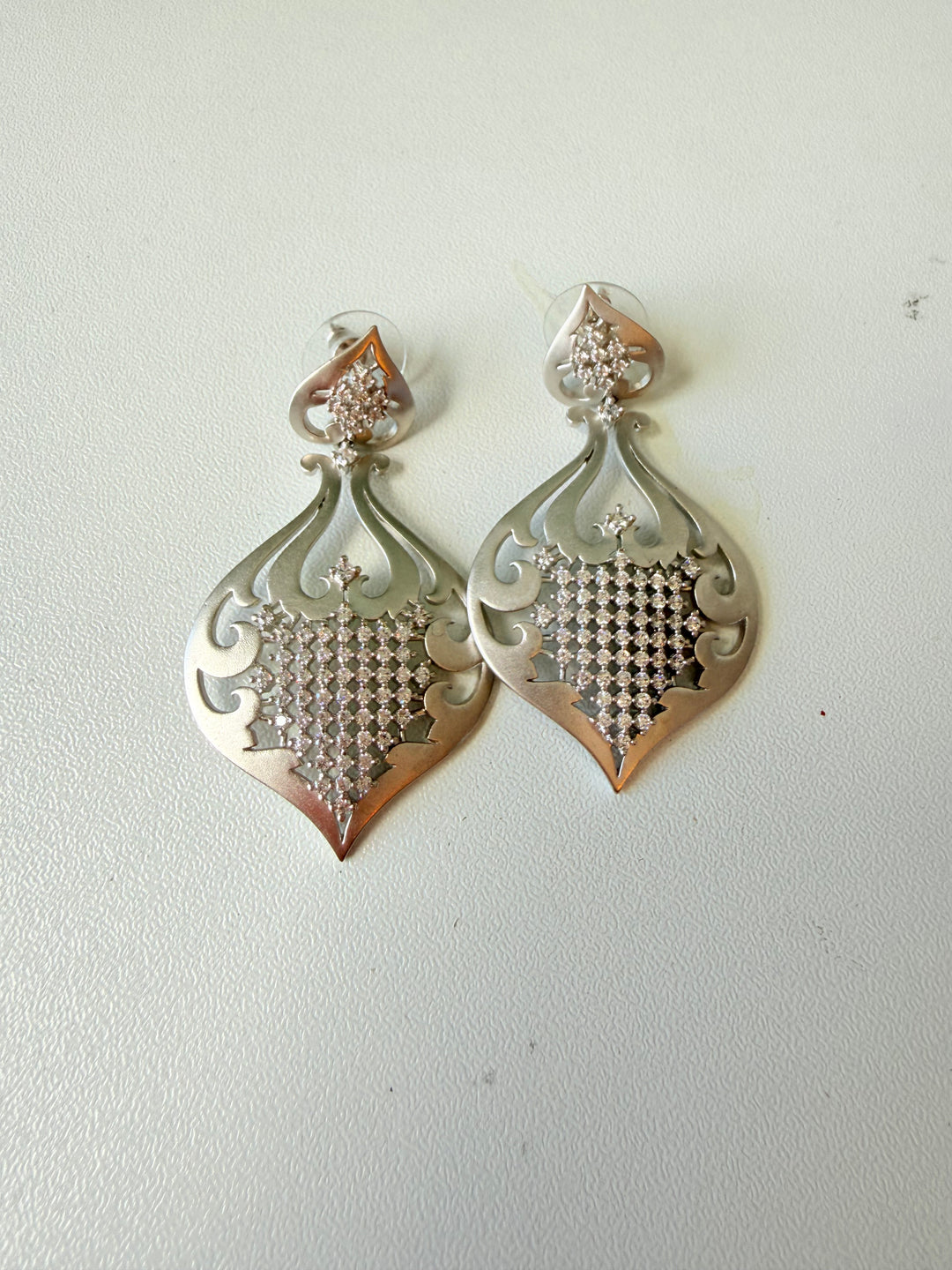Silver Cut Out Filigree Crystal Embellished Statement Pierced Earrings