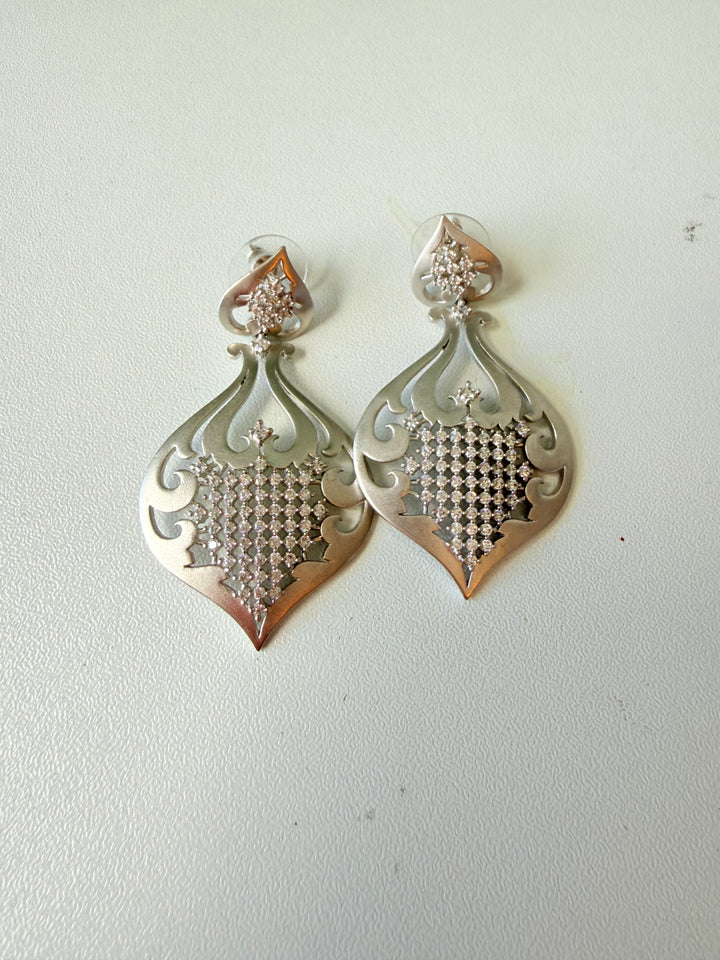 Silver Cut Out Filigree Crystal Embellished Statement Pierced Earrings
