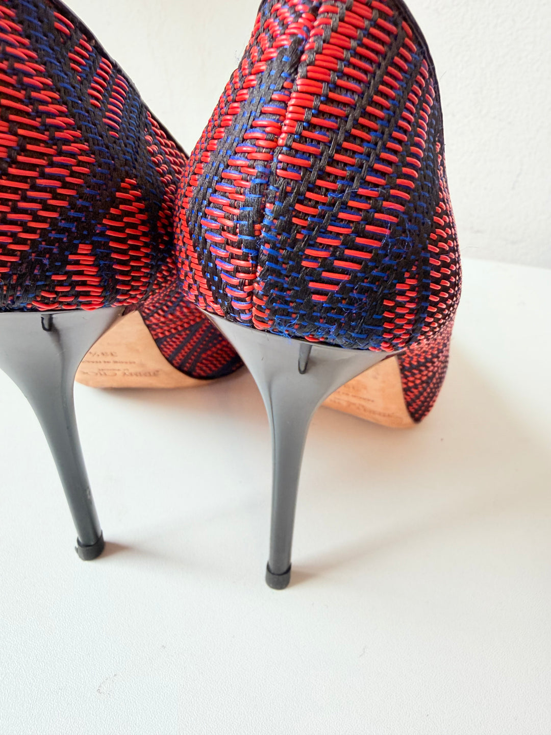 Jimmy Choo Abel Pointed Woven Fabric Red/Blue Pumps Size 39.5
