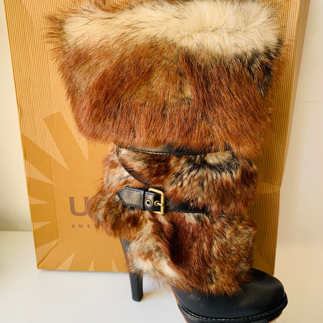 UGG Foxly Fur Leather Shearling Heeled Boots Size 6.5 In Brown Fur With Black Leather