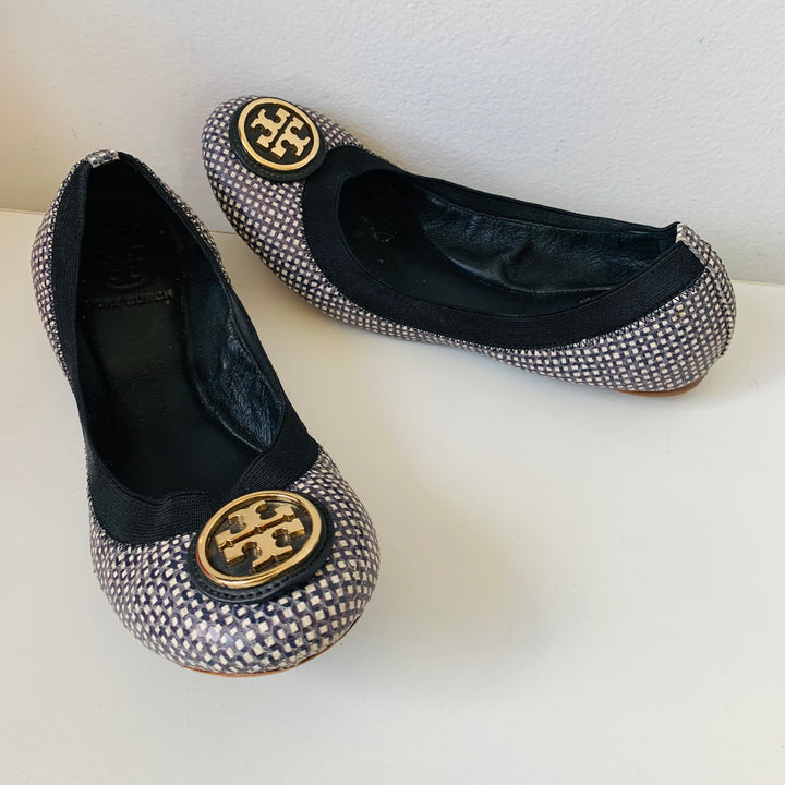 Tory Burch Caroline 2 -Black White Tidal Grid Ballet Flat Size 7