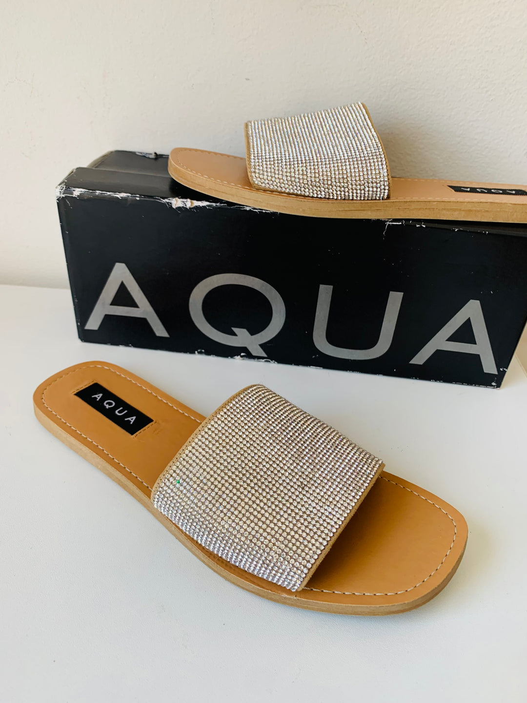 Aqua Rhinestone Slide on Sandals Size 7.5