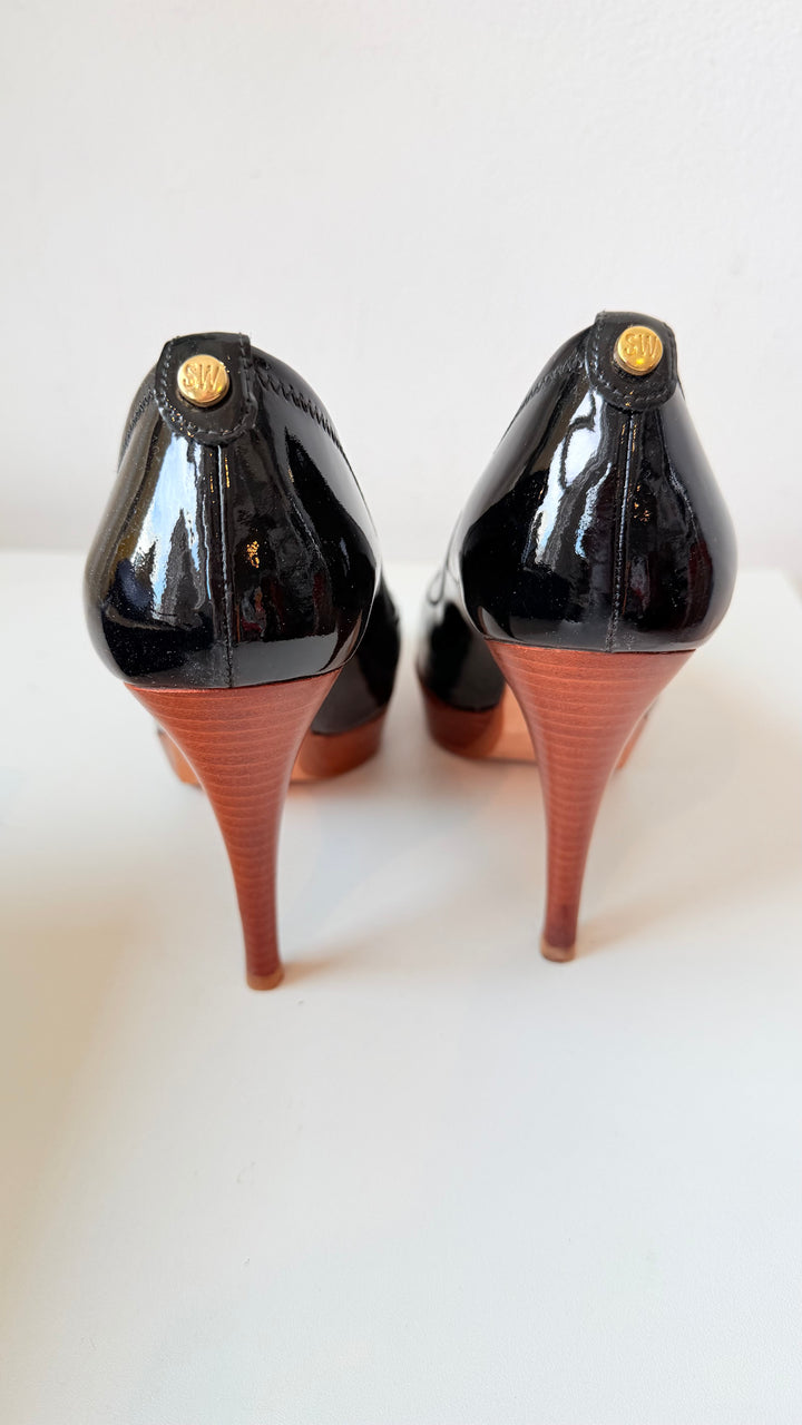 Stuart Weitzman Black Patent Analine Platform Pump Peep Toe Pumps Size 37.5
