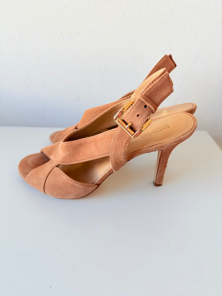 Michael Michael Kors Becky Suede Strappy Heeled Dark Khaki Sandals Size 7.5