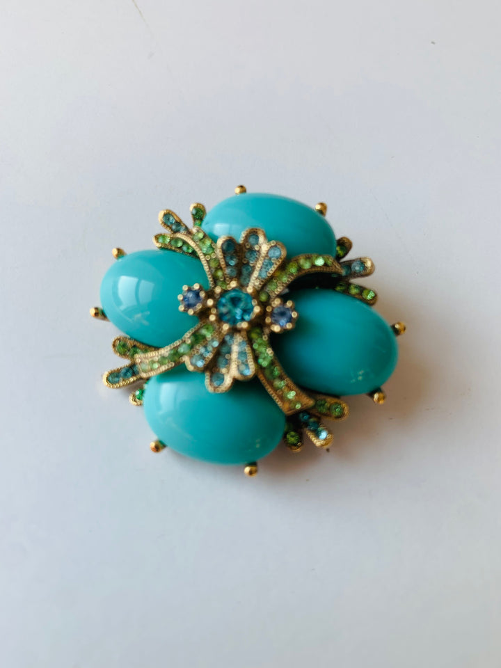 Vintage Turquoise Color Bead and Rhinestone Brooch