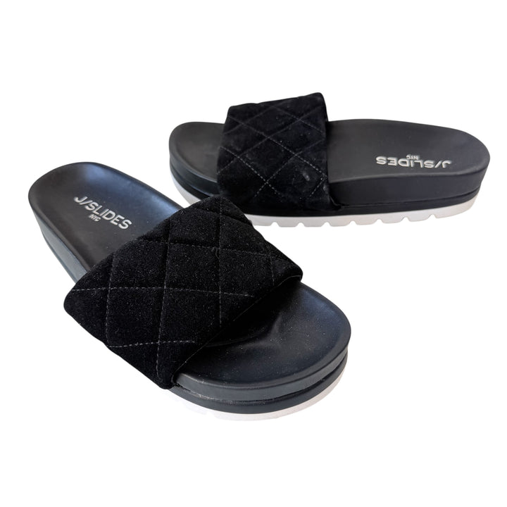 J/Slides NYC Rio Black Quilted Suede Slip On Platfork Sandals Size 6.5 New