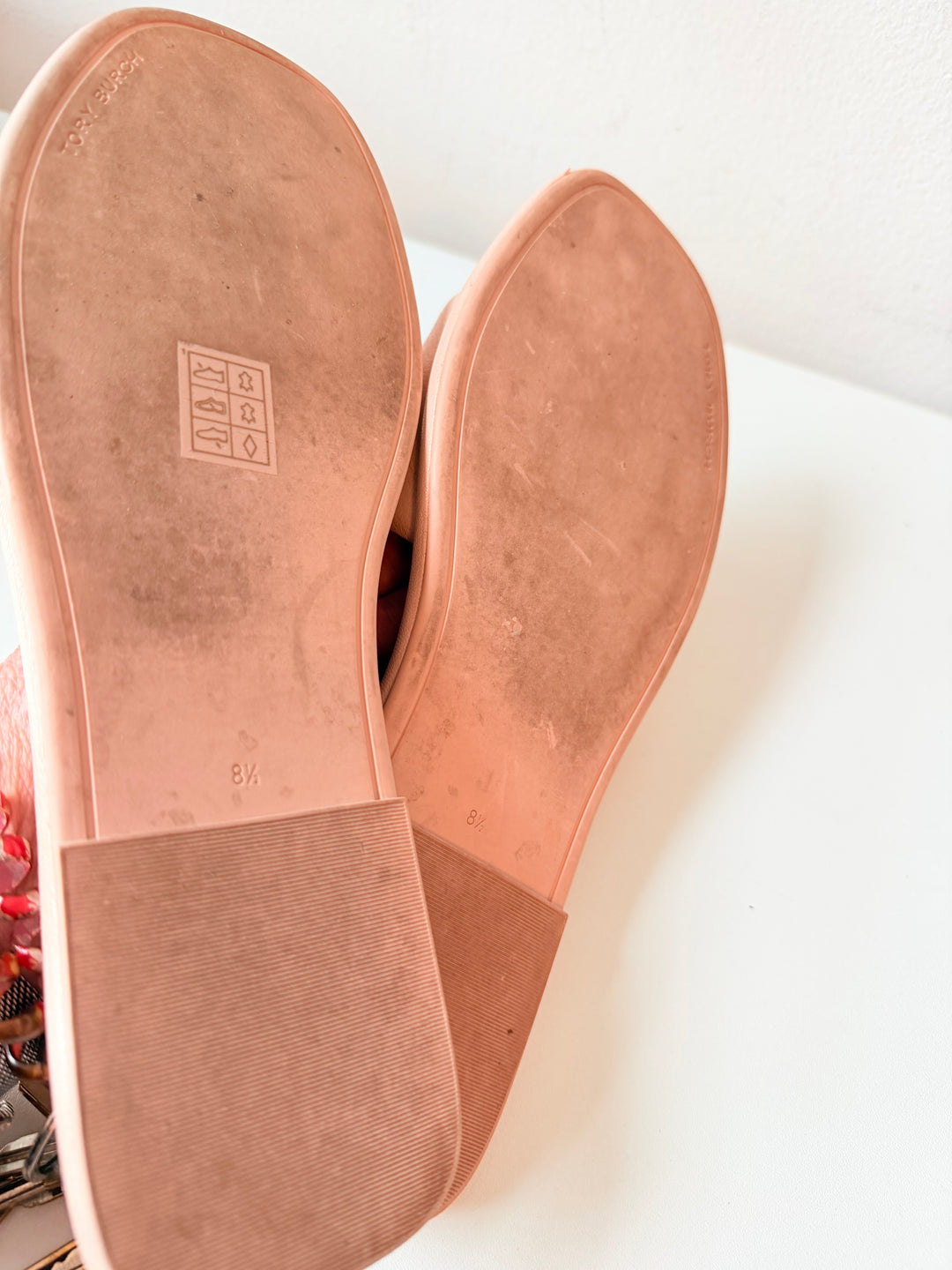 Tory Burch Double T Deco Rhinesone Sport Slides in Pink Goat Leather Size 8.5