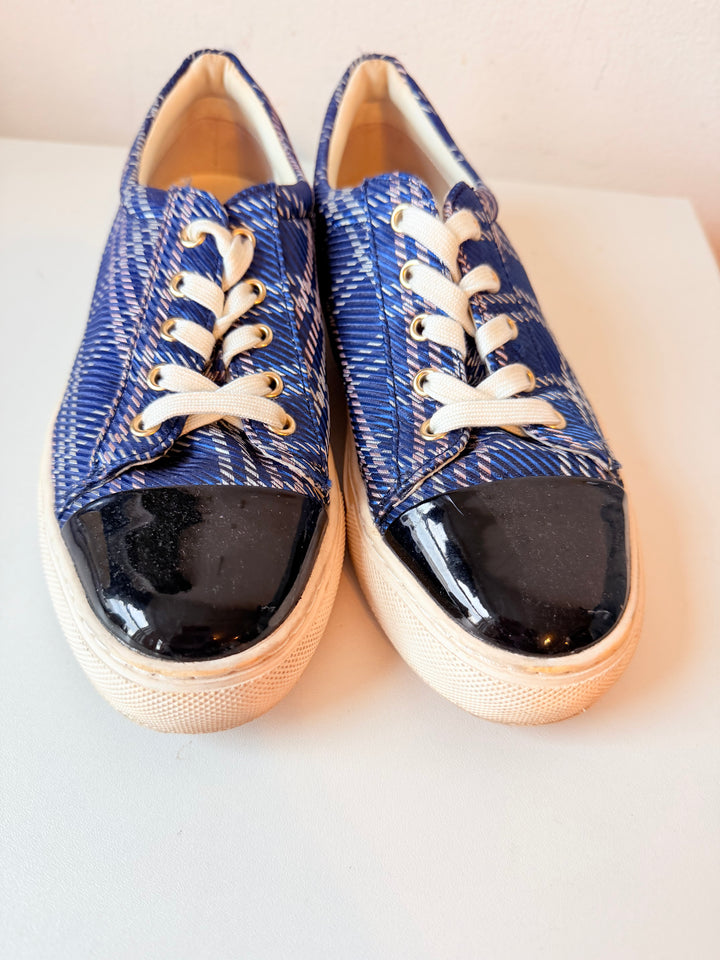 1901 Blue Plaid & Black Patent Sneakers Size 6.5