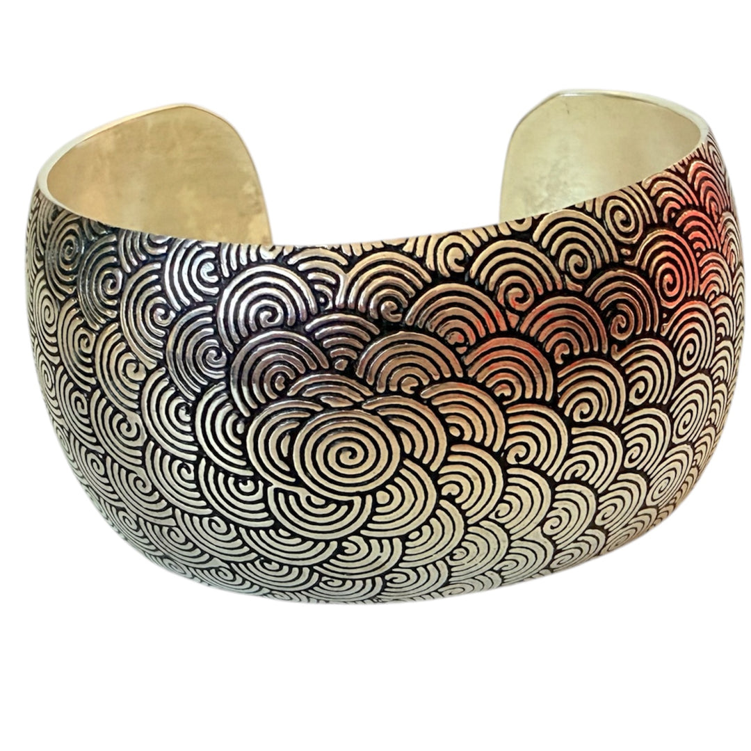 Wide Silver Cuff Bracelet With Oxidized Spiral Design