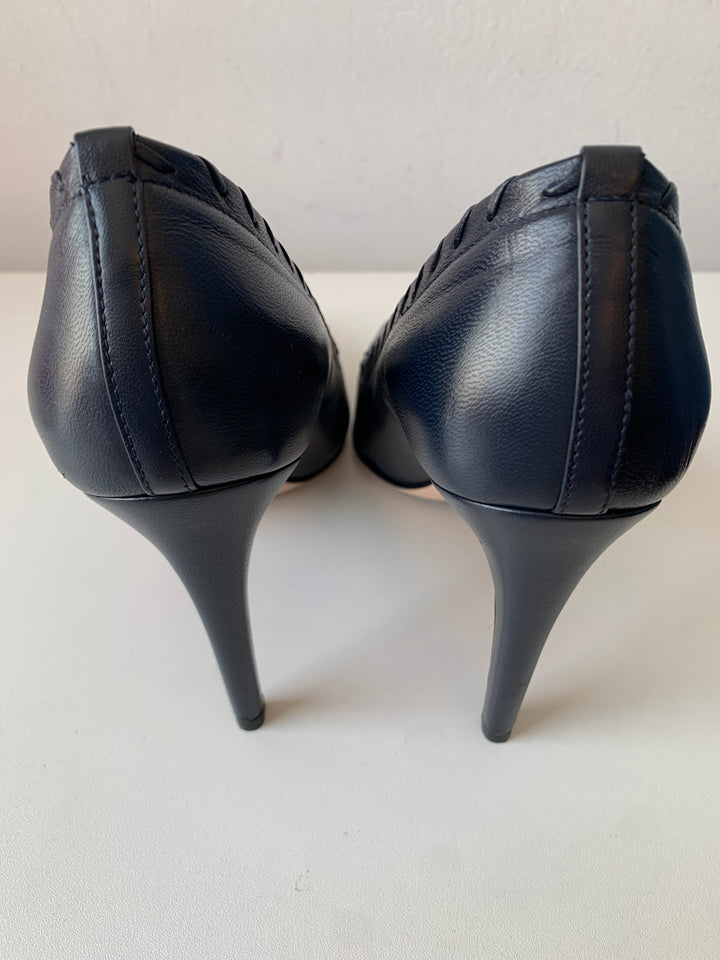 Brookes Brothers Deep Navy Blue Leather Whipstitch Pointed Toe Pumps Size 9 New