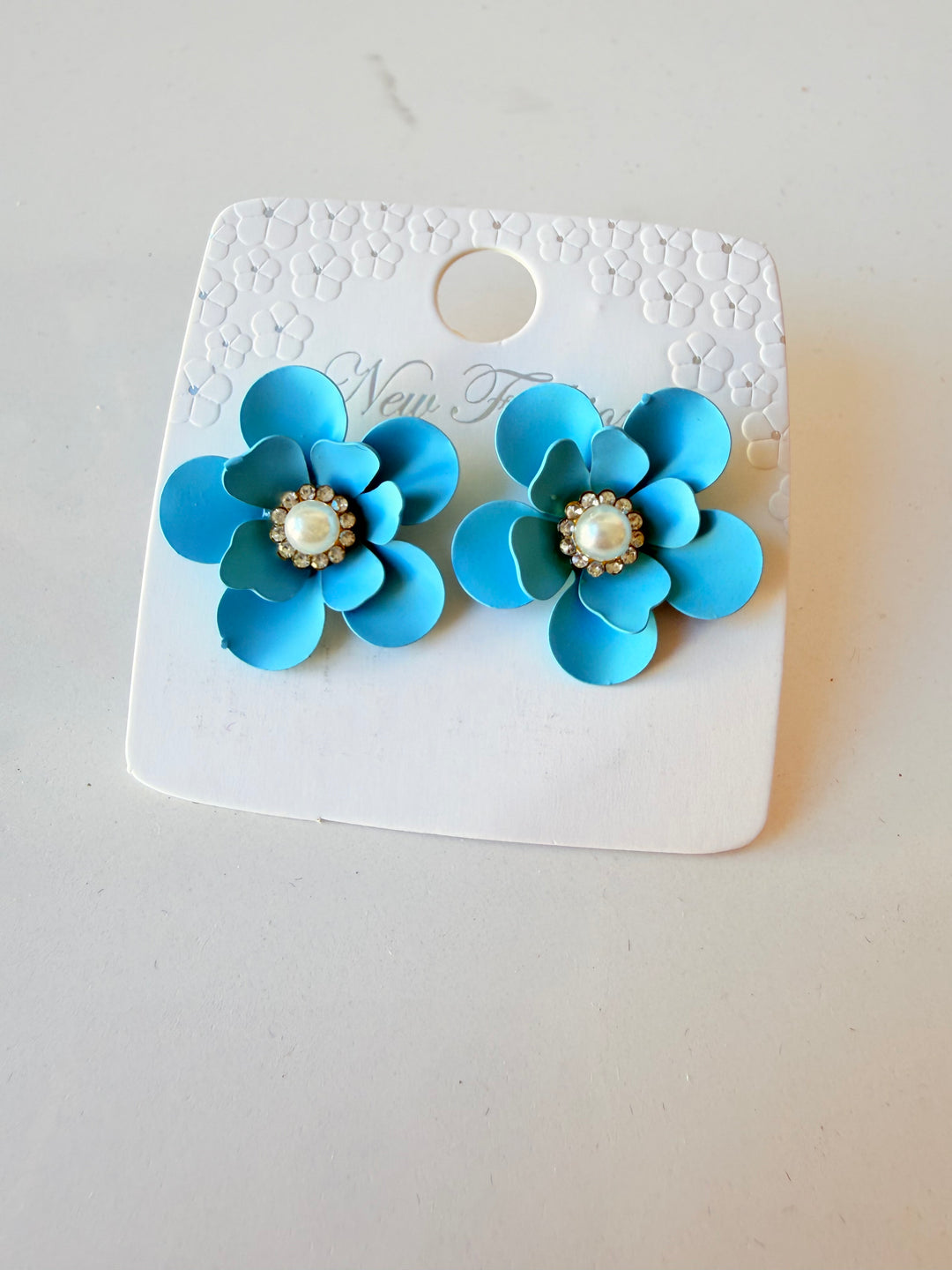 Enamel Floral Pierced Earrings In Aqua/Baby Blue NWT