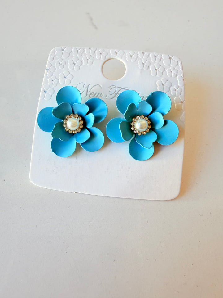 Enamel Floral Pierced Earrings In Aqua/Baby Blue NWT