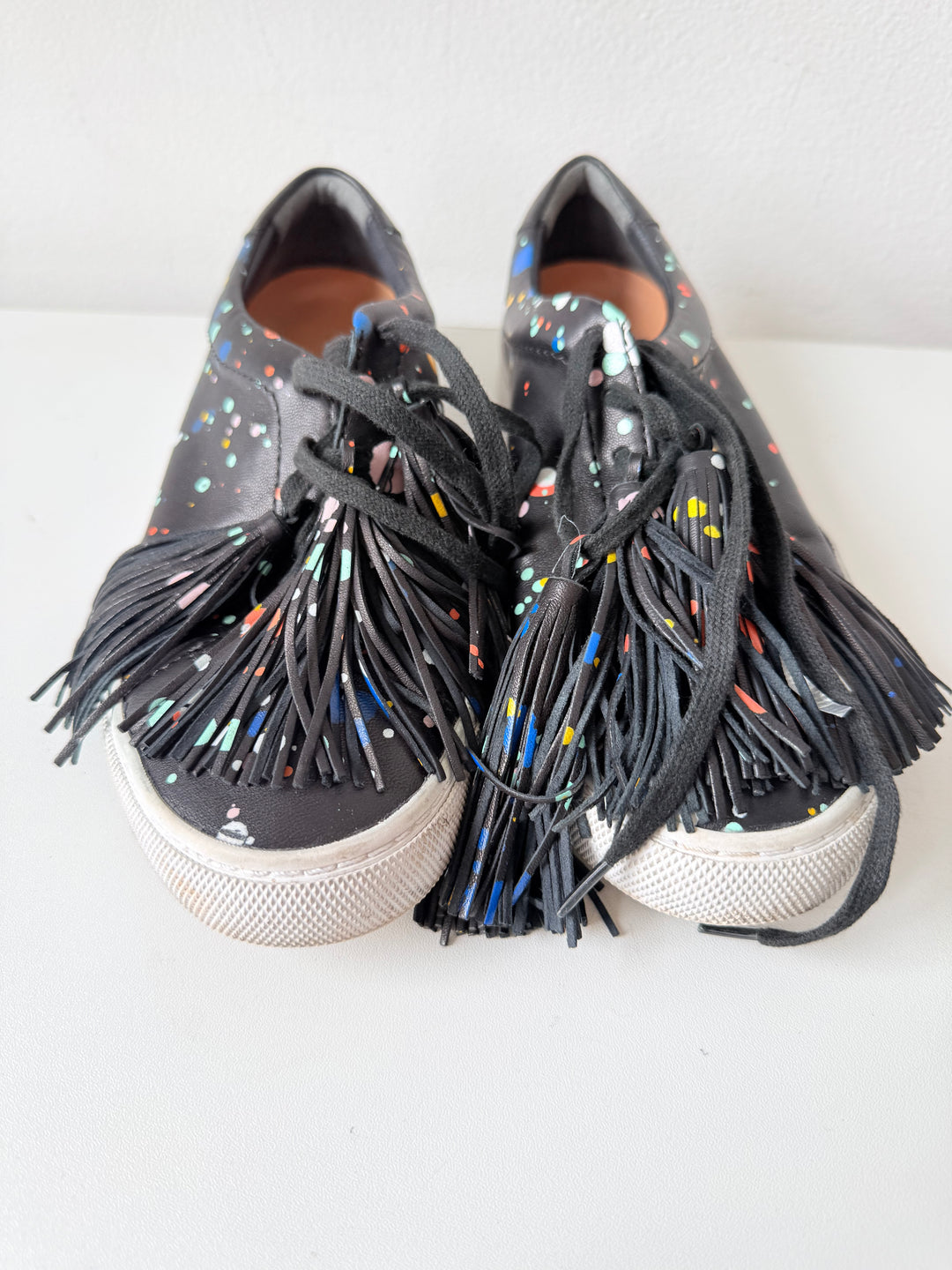 Loeffler Randall Logan Splatter Print Tasseled Leather Sneakers Size 7.5 Women’s