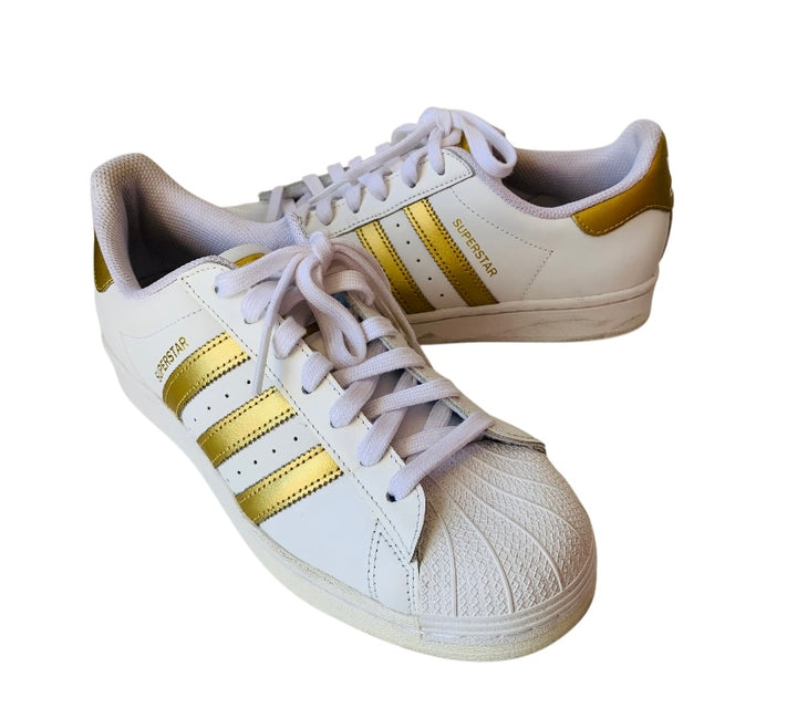 Adidas White and Gold Superstar Sneakers Size 9