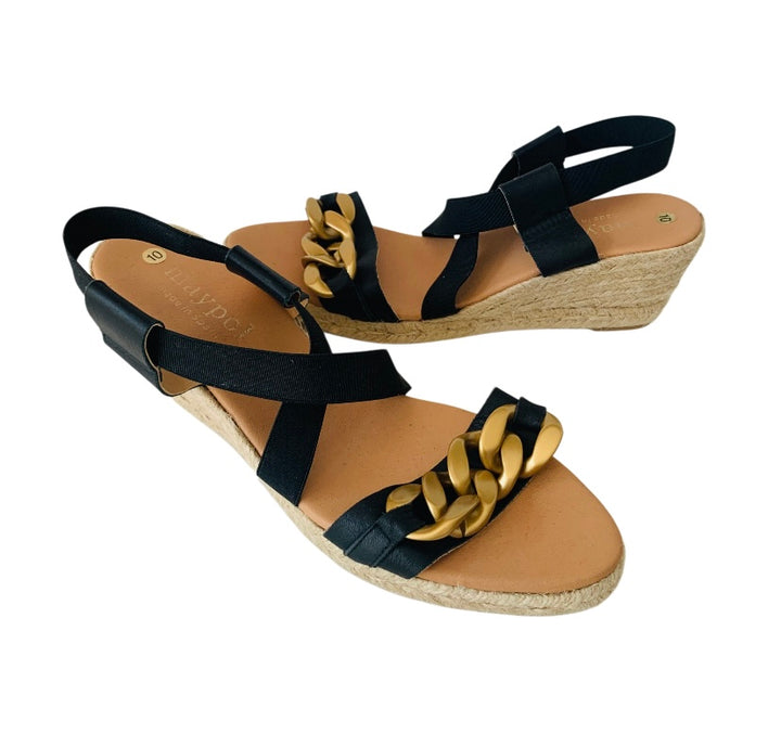Maypol Black With Gold Chain Wedge Sandals Size 10