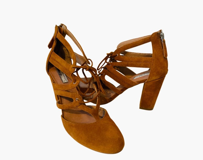 Halogen Sydney Camel/Brown Suede Block Heel Ghillie Pumps Size 8.5