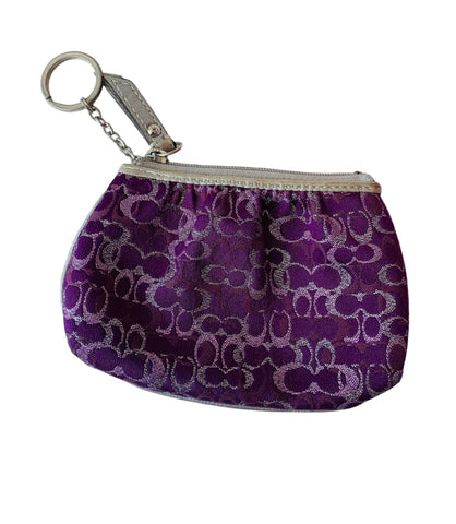 Coach Small Signature Metallic C Canvas Leather Trim Coin Purse in  Purple