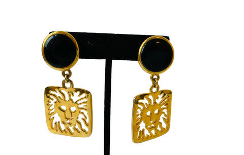 Anne Klein Lion Logo Cut Out Dangle Faux Onyx Earrings in Gold Plate